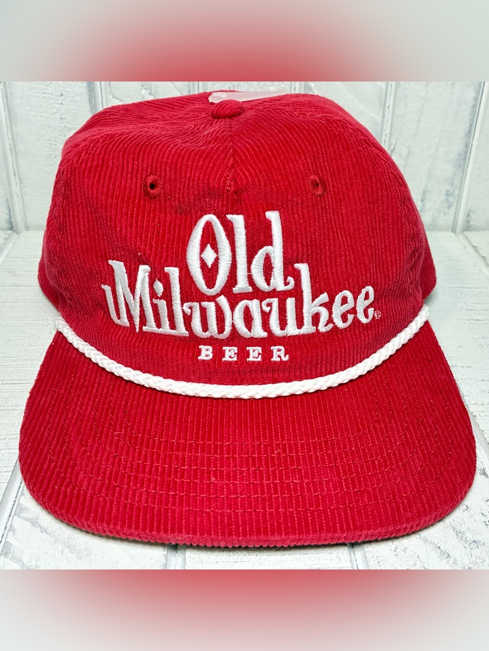 Mad Engine Old Milwaukee Beer Snapback Hat Red Courduroy Embroidered Logo 2024
